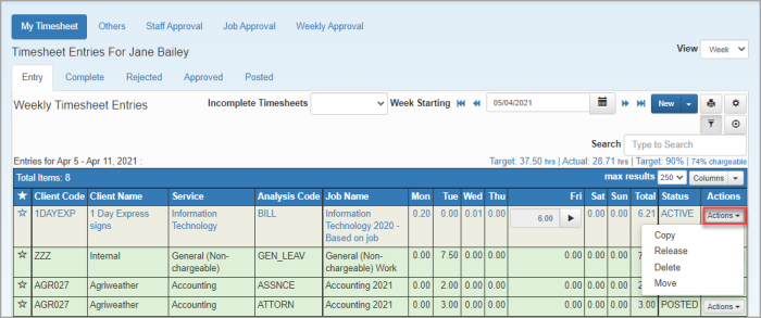 Timesheet Entry page - Actions drop-down list visible.