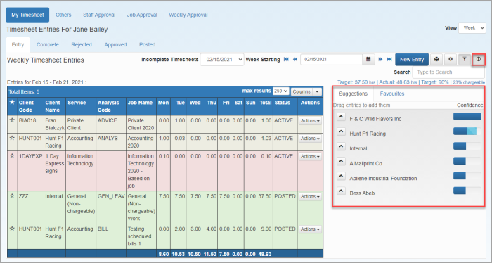 Timesheet page with suggestions panel displayed.