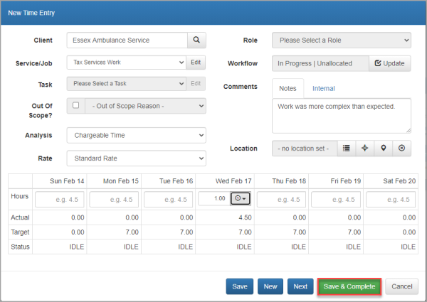 New Time Entry window with Save & Complete button highlighted.