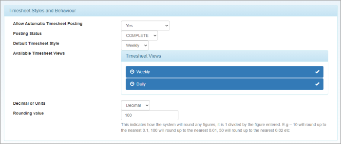 Timesheet Administration page showing Timesheet Styles and Behaviour panel.