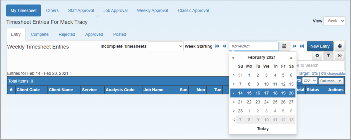 Timesheet Entries page with Week Starting calendar.