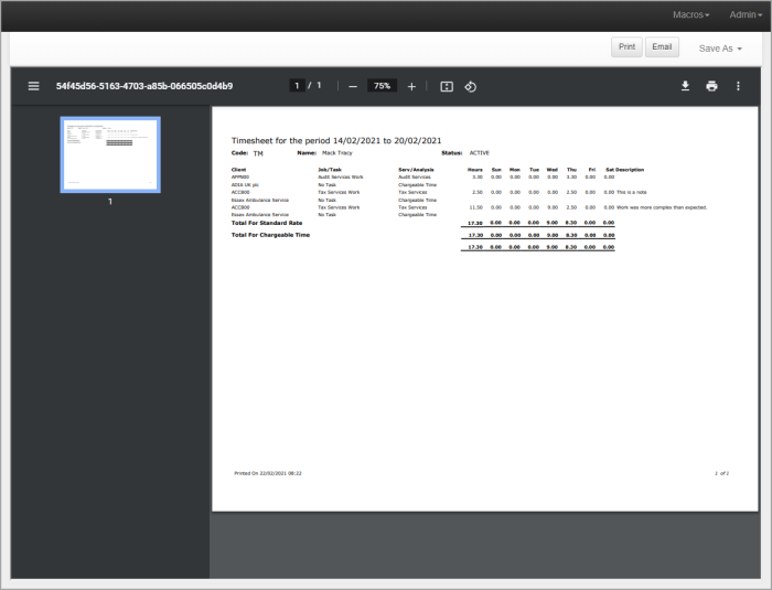 Print Preview window showing timesheet entries.